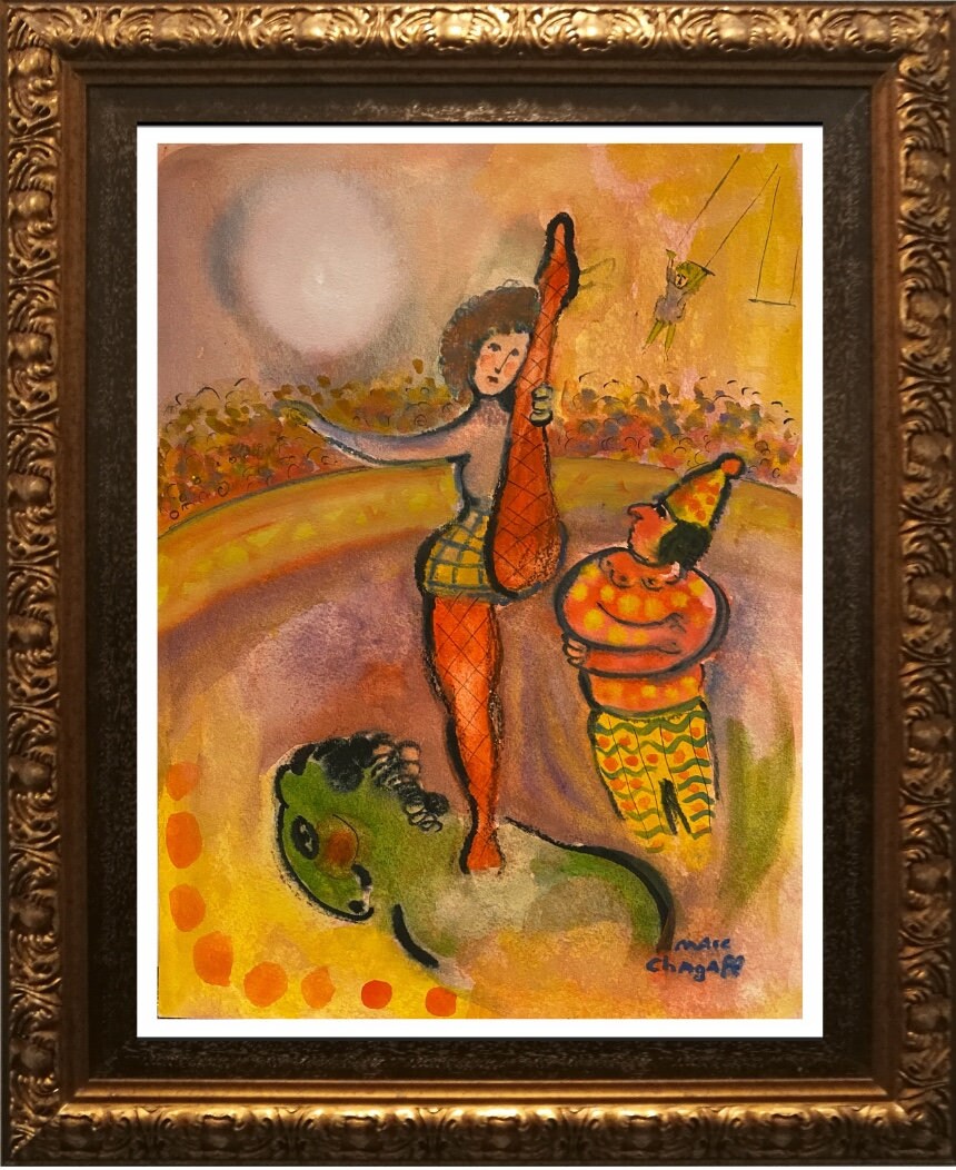 CHAGALL- ORIGINAL WATERCOLOR- Gouache Painting- Hand Signed, pHD Approval, Appraisal- Ships Flat- Beautiful Circus Piece.